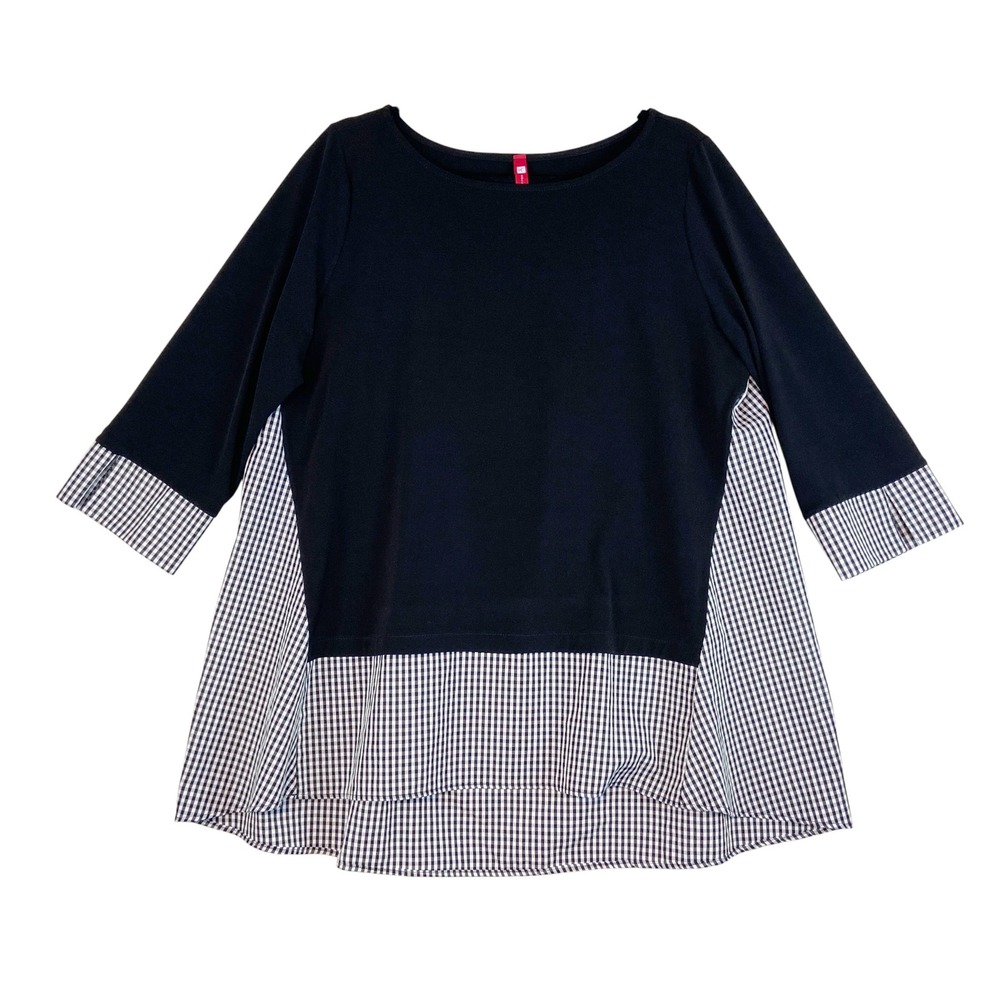 IC Collection Black Gingham‎ Mixed Media Tunic Top LARGE Lagenlook Relaxed Fit